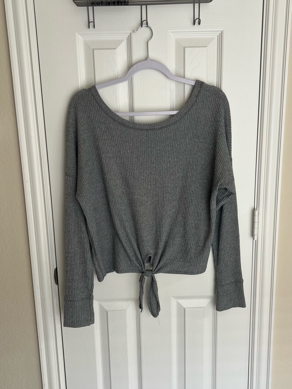 Abercrombie & Fitch gray ribbed tie front sweater top